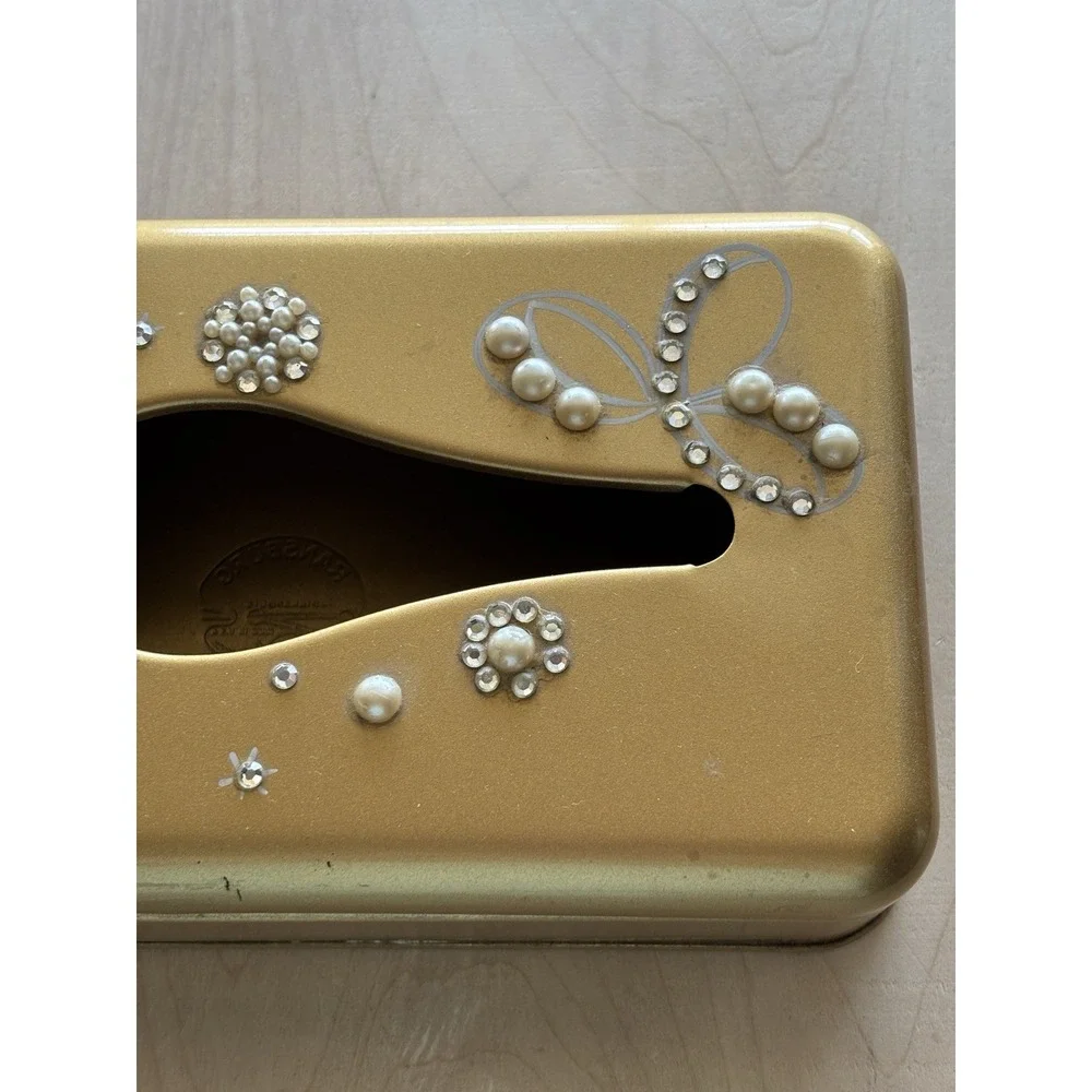 Vtg Ransburg Gold Metal Tissue Holder Rhinestone Faux Pearl Hollywood Regency